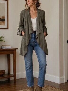 BKE Olive Open Drape Trench with Roll-Tab Sleeves. Light Weight. Small.